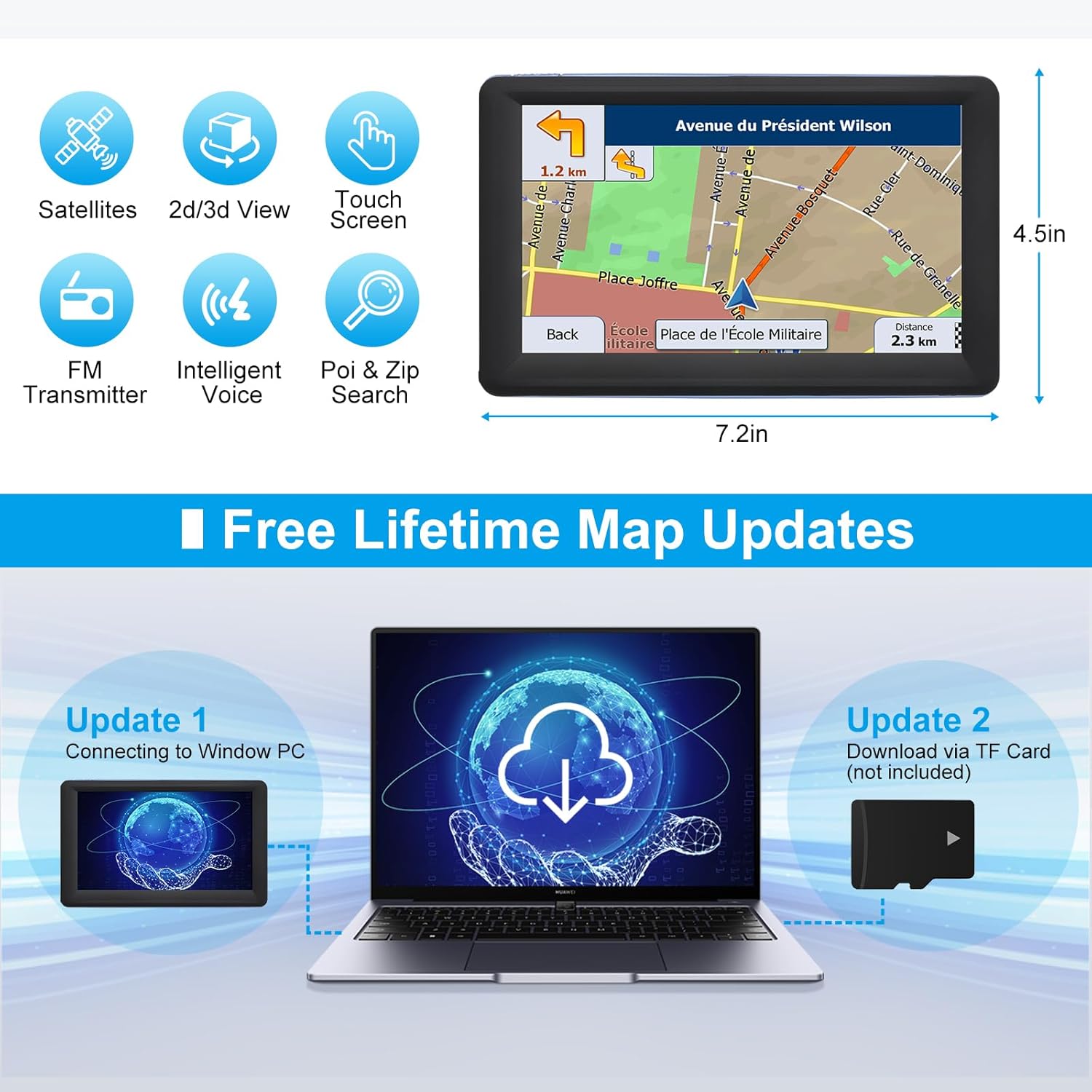 GPS Navigator for Car Truck RV, Latest 2025 Map, 7 inch Touch Screen Real Voice Spoken Turn-by-Turn Direction Reminding Navigation System for Cars, Vehicle GPS with Speed and Red Light Warning (Blue) - Image 7