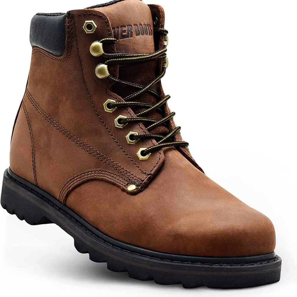 Work Boots for Men Soft Toe – 6inch Leather Boots for Construction Rubber Sole Working botas de trabajo para hombre, “Tank” Workboots